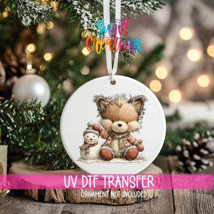 Winter Fox and Snowman Ornament UV DTF Transfer | Blush Pink Woodland Friends in Snow | O-2182 - Swiit Creations