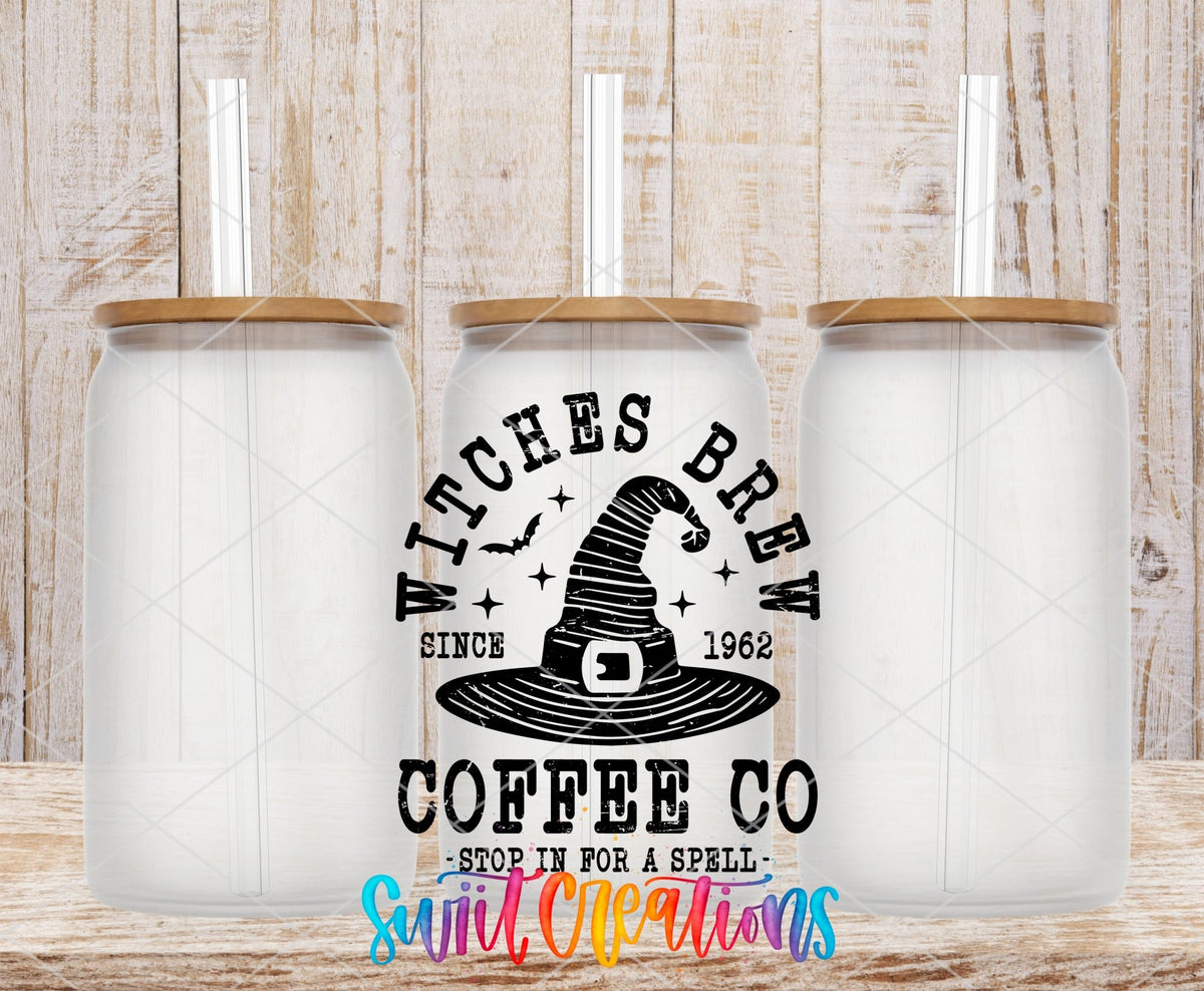Witches Brew Coffee Co UV DTF transfer applied to a clear glass can set from Swiit Creations