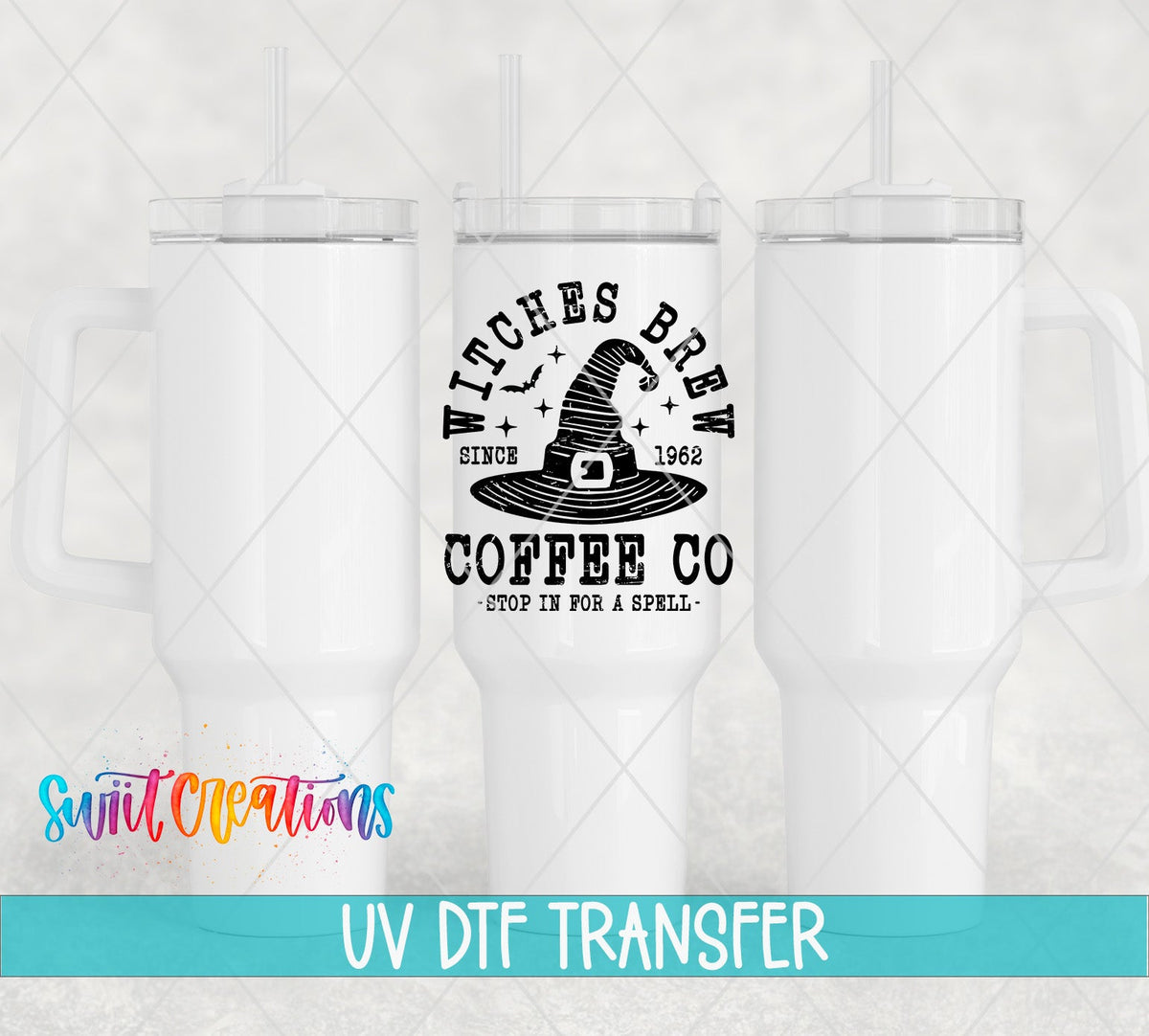 Witches Brew Coffee Co UV DTF transfer applied to a white tumbler set from Swiit Creations