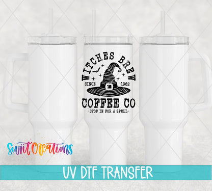 Witches Brew Coffee Co UV DTF transfer applied to a white tumbler set from Swiit Creations