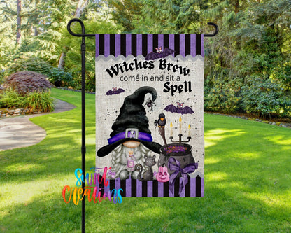 Witches Brew Gnome Garden Flag | Halloween Yard Flag | Witch Outdoor Decor | Sit a Spell Porch Decoration | YF69 - Swiit Creations