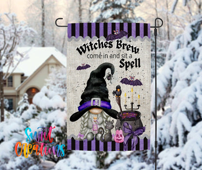 Witches Brew Gnome Garden Flag | Halloween Yard Flag | Witch Outdoor Decor | Sit a Spell Porch Decoration | YF69 - Swiit Creations