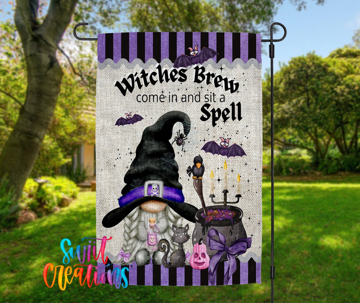 Witches Brew Gnome Garden Flag | Halloween Yard Flag | Witch Outdoor Decor | Sit a Spell Porch Decoration | YF69 - Swiit Creations