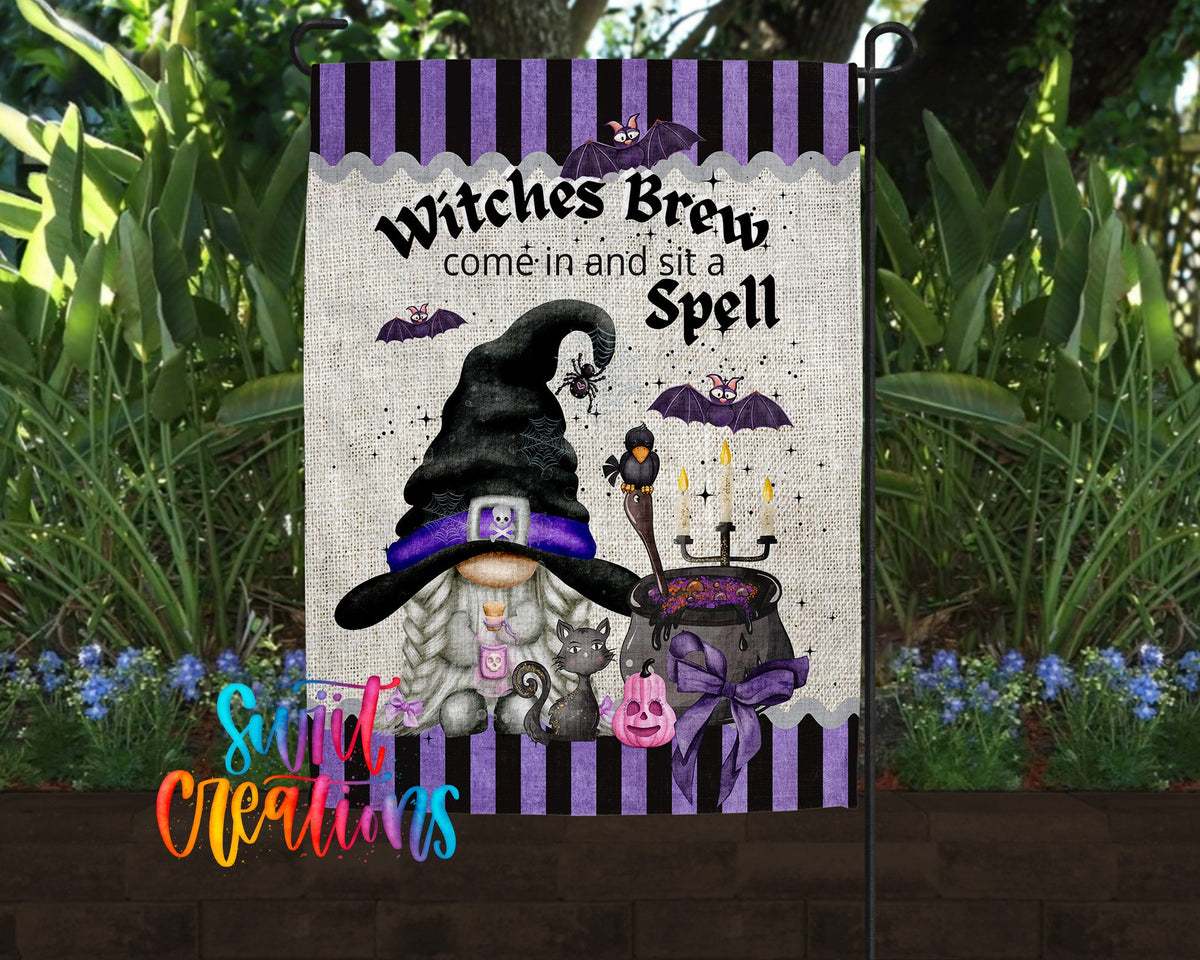 Witches Brew Gnome Garden Flag | Halloween Yard Flag | Witch Outdoor Decor | Sit a Spell Porch Decoration | YF69 - Swiit Creations
