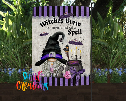 Witches Brew Gnome Garden Flag | Halloween Yard Flag | Witch Outdoor Decor | Sit a Spell Porch Decoration | YF69 - Swiit Creations