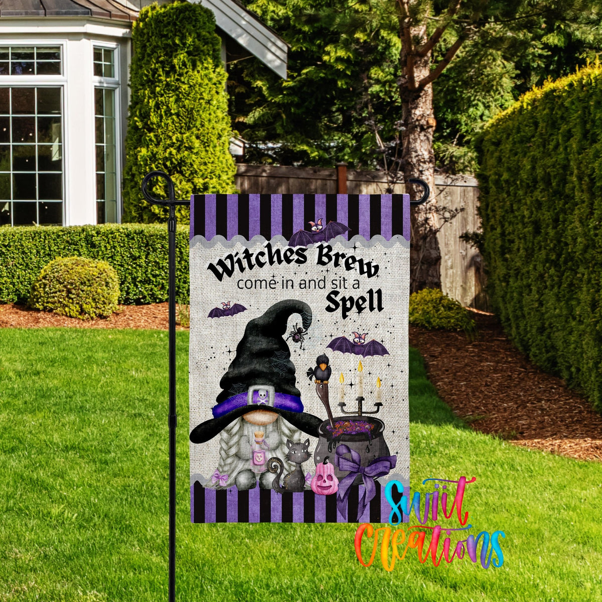 Witches Brew Gnome Garden Flag | Halloween Yard Flag | Witch Outdoor Decor | Sit a Spell Porch Decoration | YF69 - Swiit Creations
