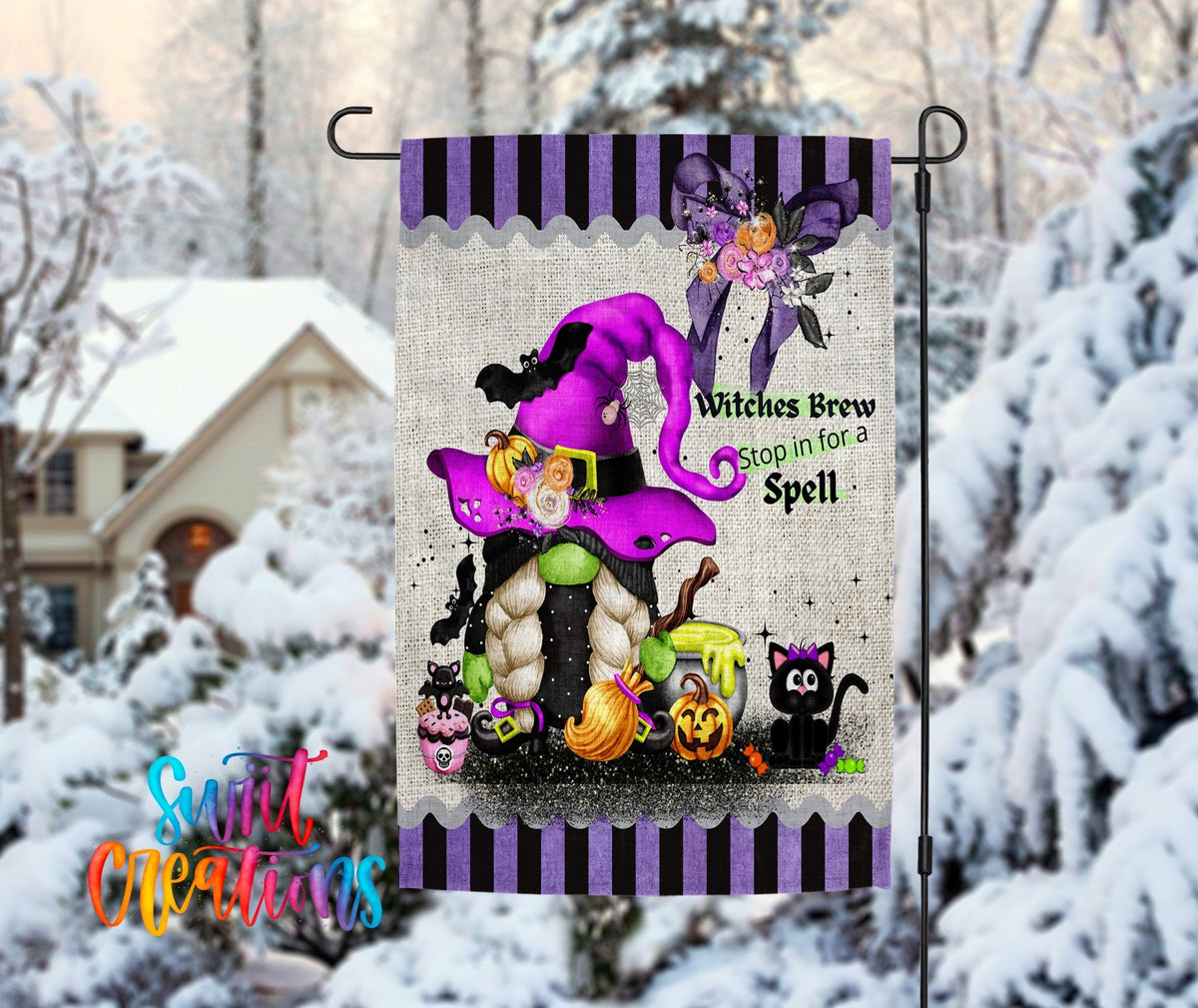 Witches Brew Gnome Garden Flag | Halloween Yard Flag | Witch Outdoor Decor | Stop in for a Spell Porch Flag | YF68 - Swiit Creations