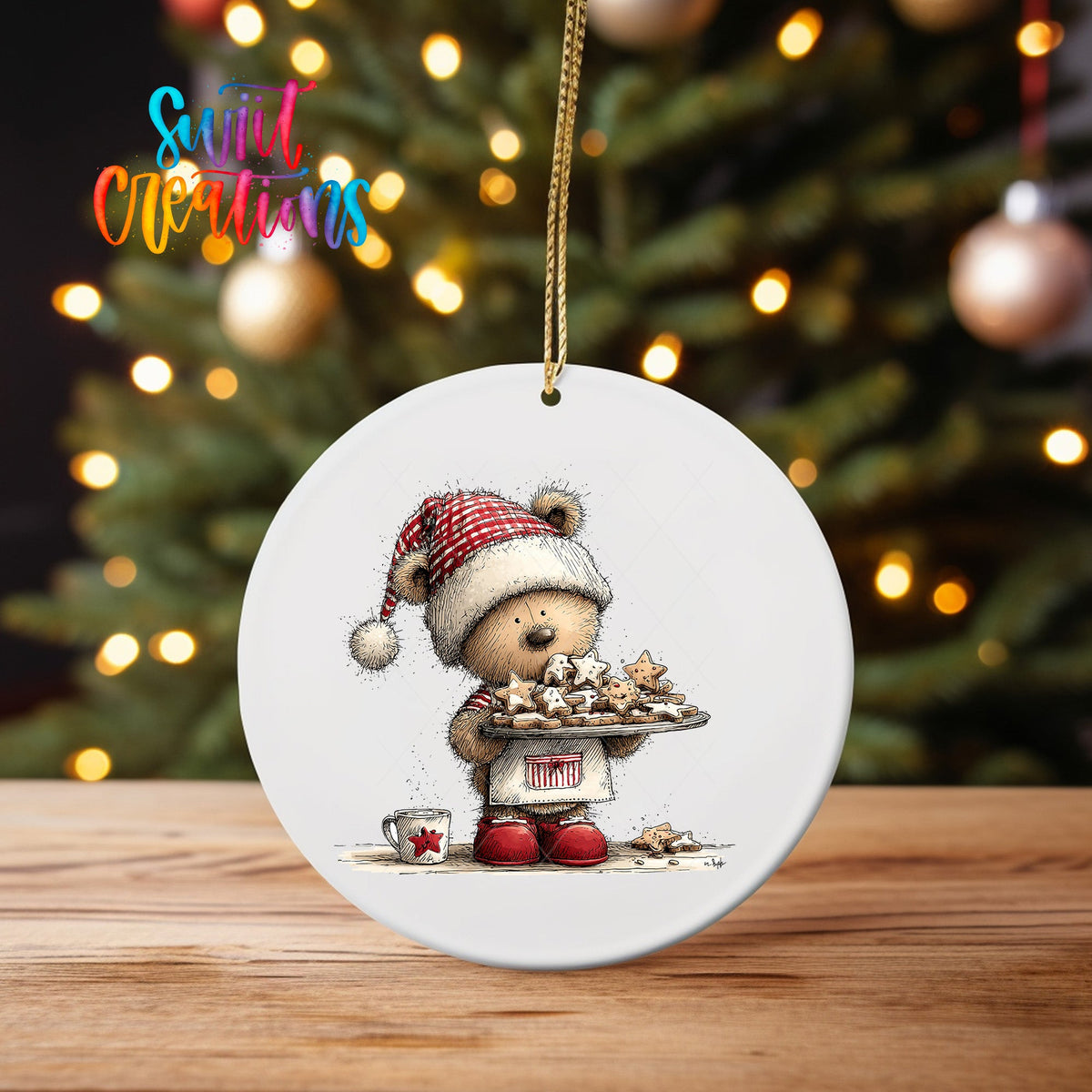 Woodland Bear With Cookies Christmas Ornament UV DTF Transfer | O-1875 - Swiit Creations