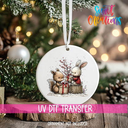 Woodland Bunny And Squirrel With Gifts Christmas Ornament UV DTF Transfer | O-1874 - Swiit Creations
