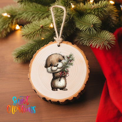 Woodland Otter Holding Greenery Christmas Ornament UV DTF Transfer | O-1879 - Swiit Creations