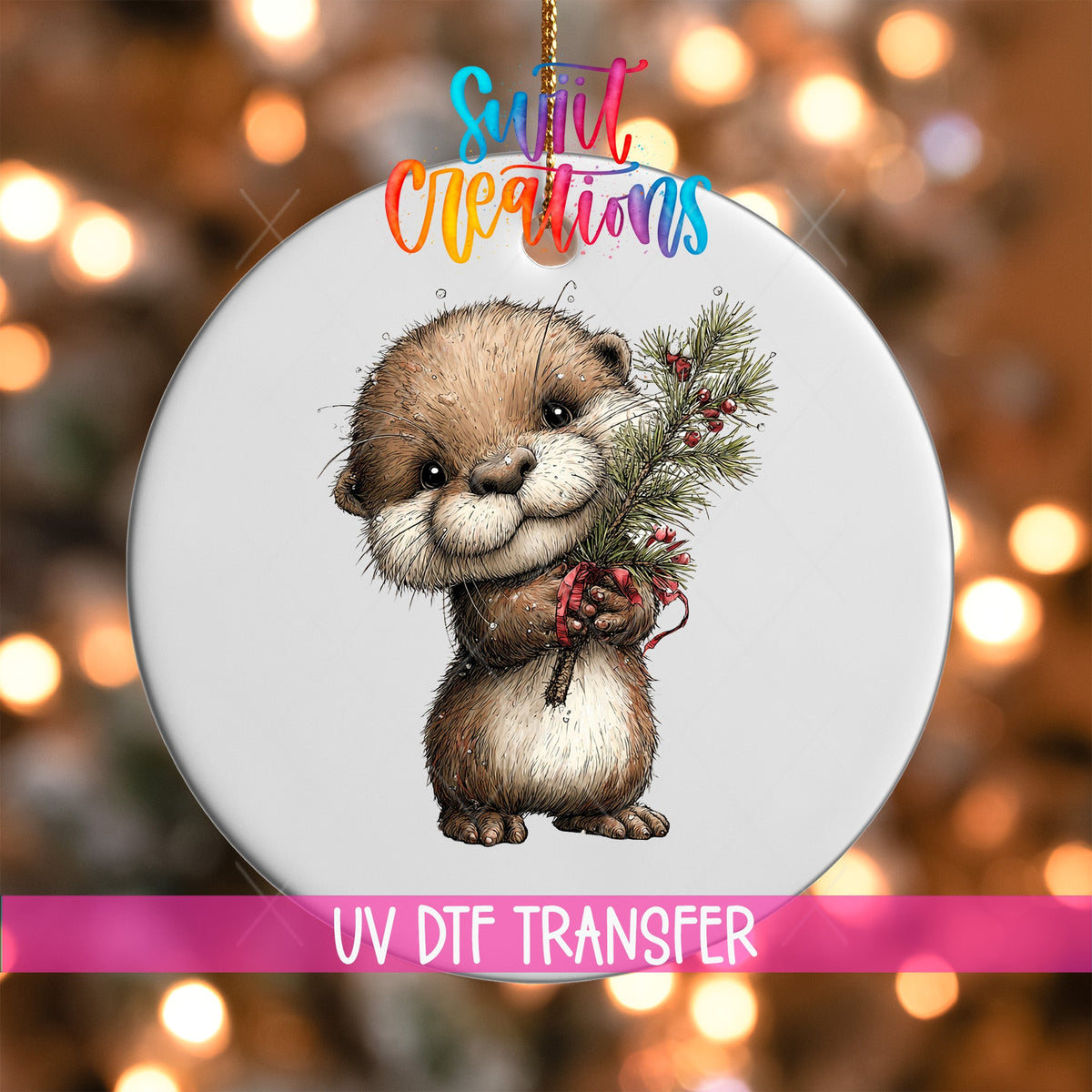 Woodland Otter Holding Greenery Christmas Ornament UV DTF Transfer | O-1879 - Swiit Creations