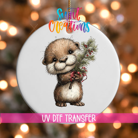 Woodland Otter Holding Greenery Christmas Ornament UV DTF Transfer | O-1879 - Swiit Creations