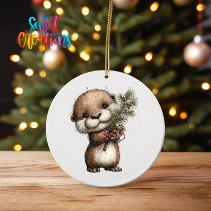 Woodland Otter Holding Greenery Christmas Ornament UV DTF Transfer | O-1879 - Swiit Creations
