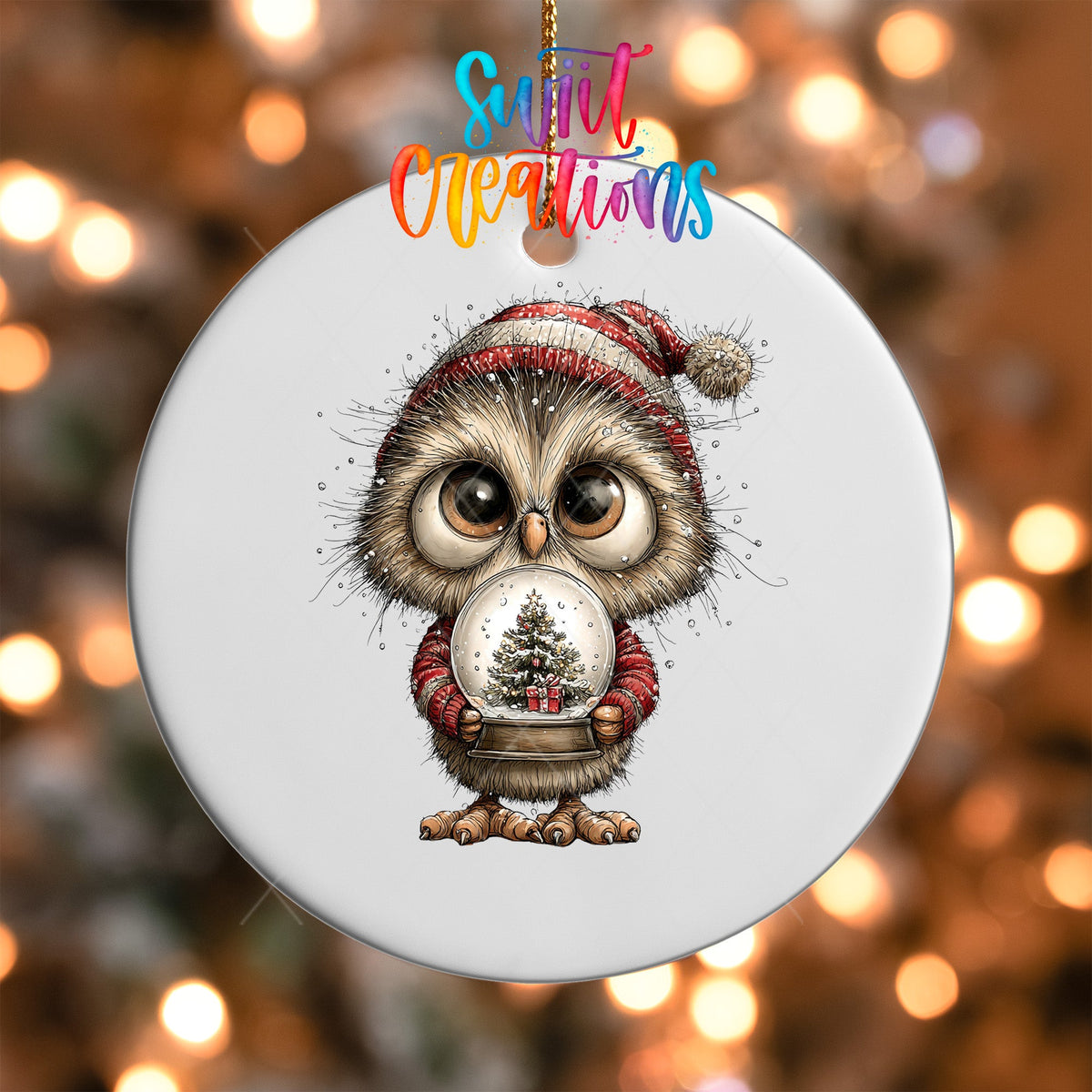 Woodland Owl Holding Snow Globe Christmas Ornament UV DTF Transfer | O-1881 - Swiit Creations