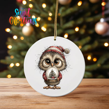 Woodland Owl Holding Snow Globe Christmas Ornament UV DTF Transfer | O-1881 - Swiit Creations