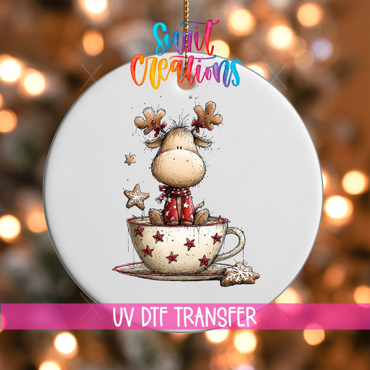 Woodland Reindeer In Teacup Christmas Ornament UV DTF Transfer | O-1873 - Swiit Creations