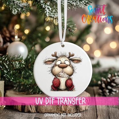 Woodland Reindeer With Cocoa Christmas Ornament UV DTF Transfer | O-1867 - Swiit Creations