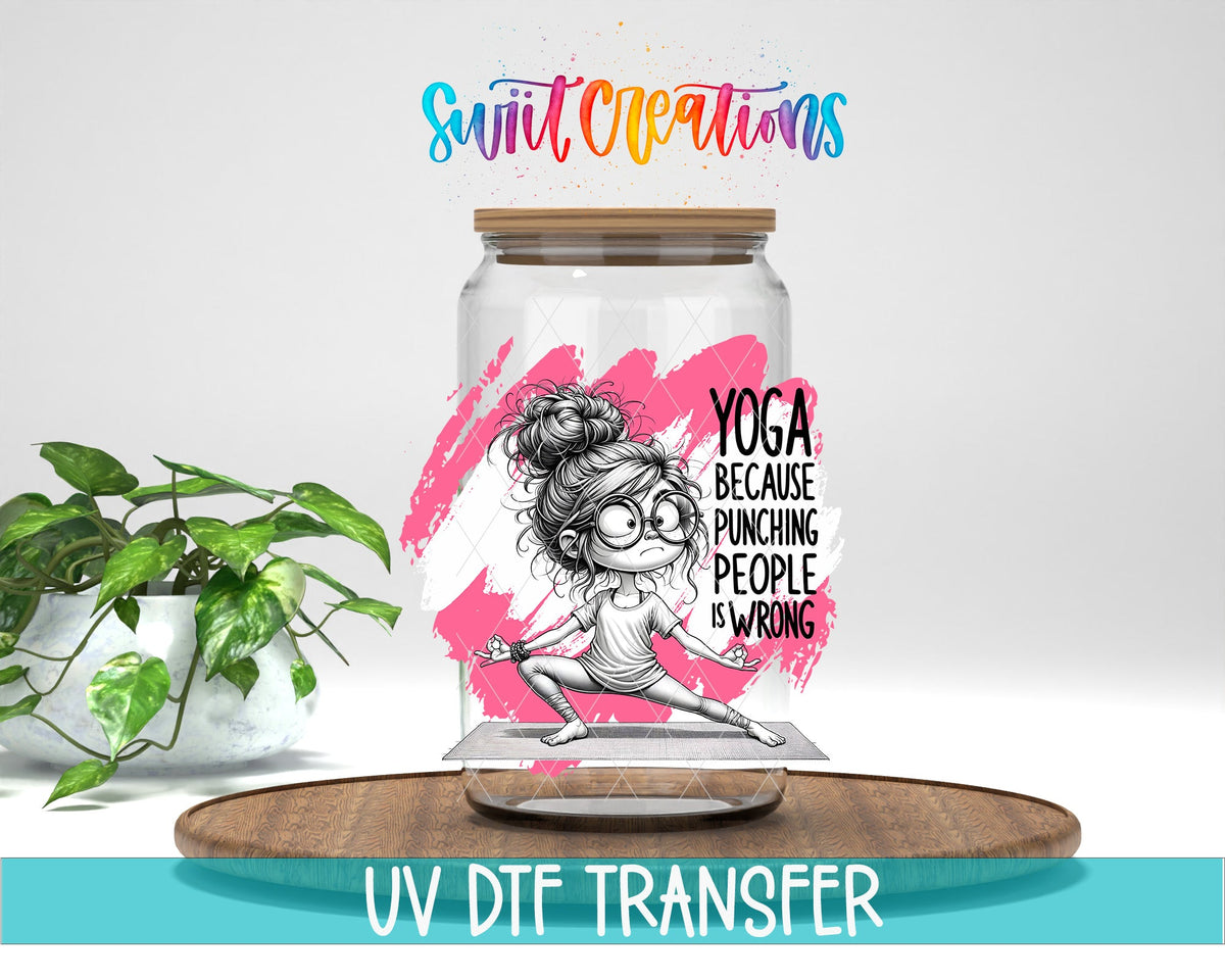 Swiit Creations UV DTF Yoga Instead of Punching People transfer displayed on a clear jar mockup