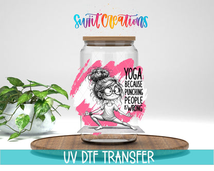 Swiit Creations UV DTF Yoga Instead of Punching People transfer displayed on a clear jar mockup