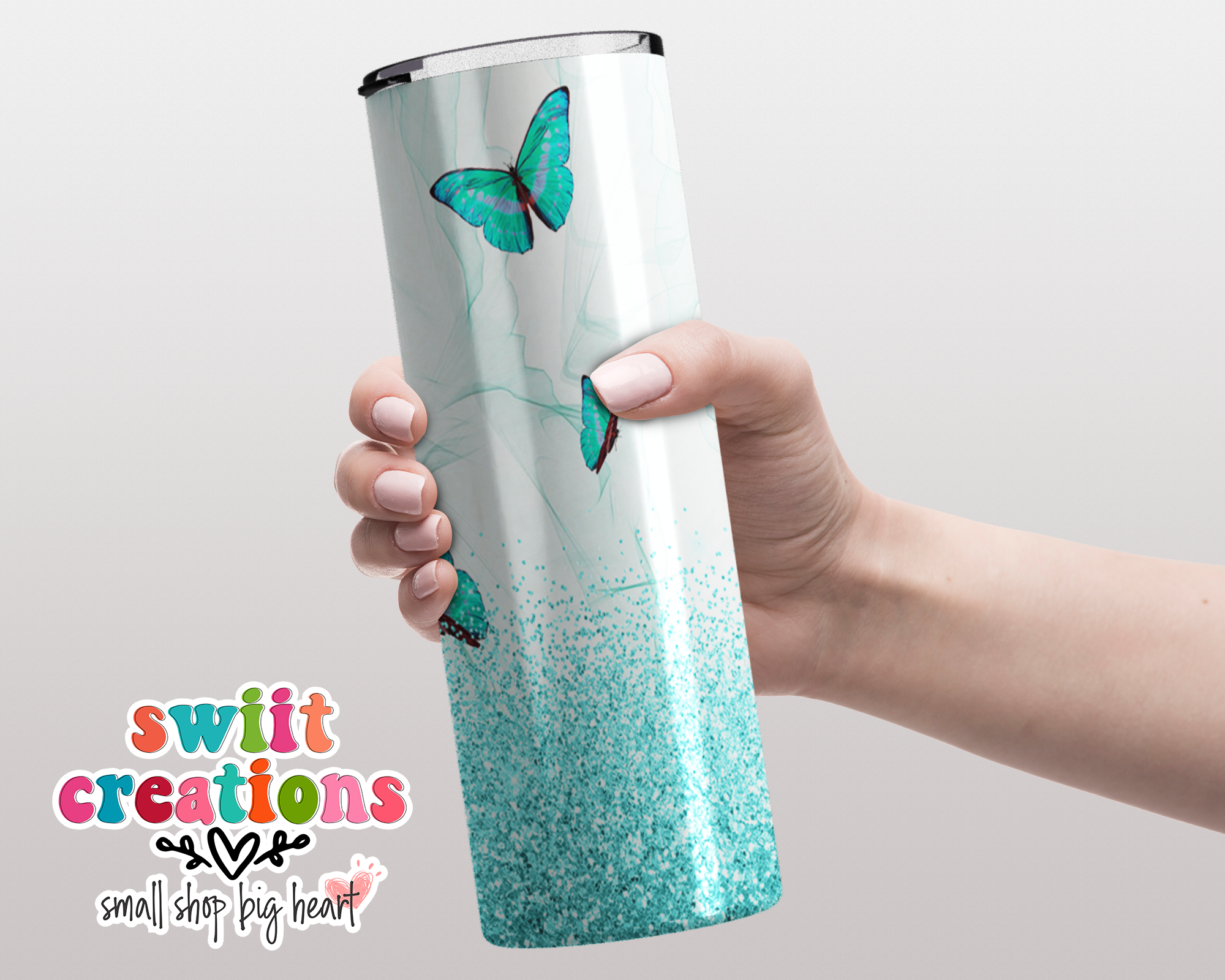 Teal Blue Butterfly Glitter Tumbler (T166)