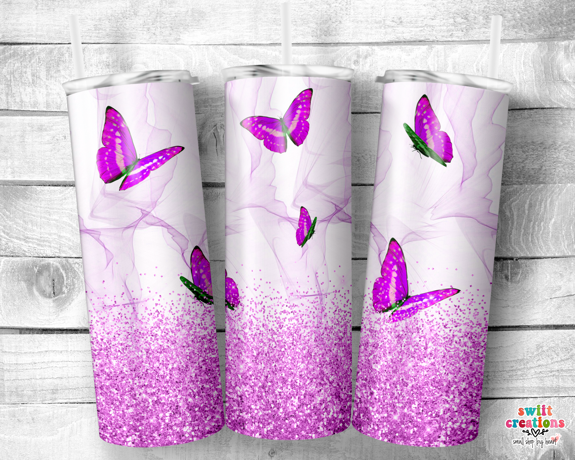 Purple Blue Butterfly Glitter Tumbler (T167)