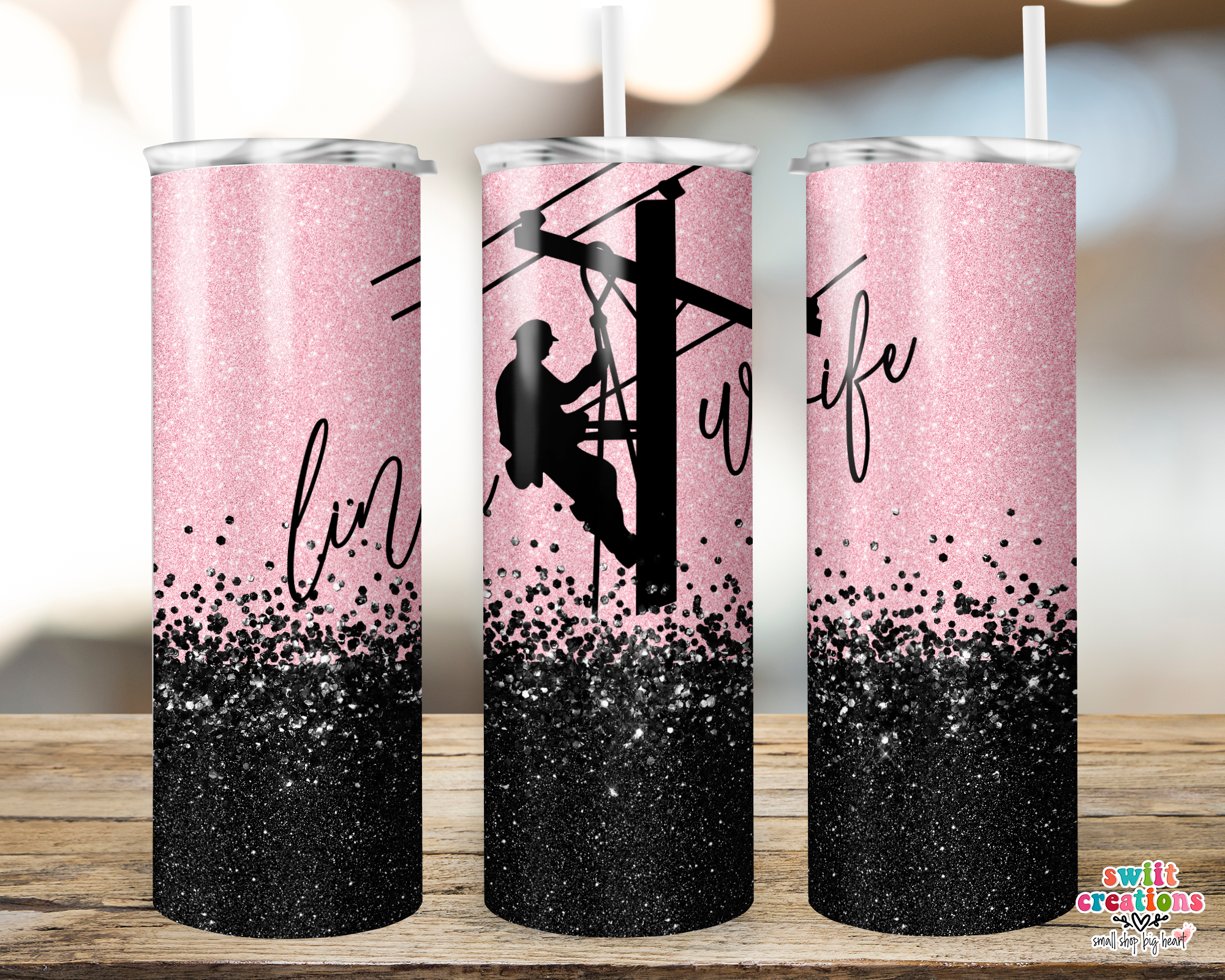 Lineman Wife Pink Glitter Tumbler (T340)