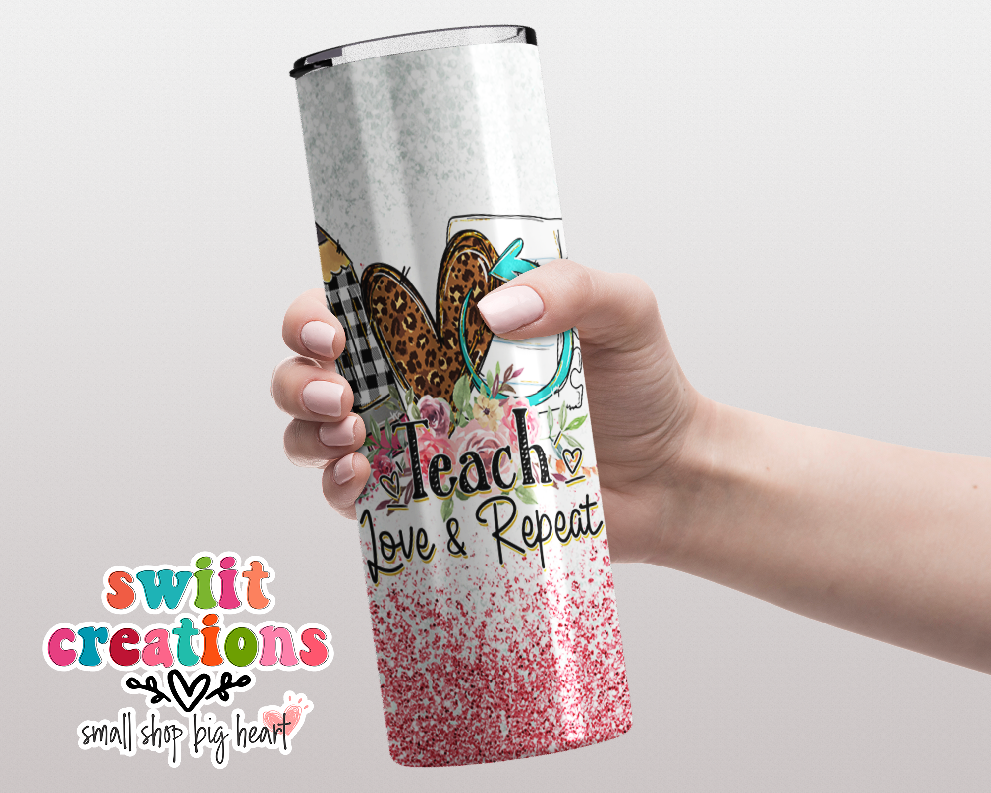 Teach Love Repeat Pink Glitter Tumbler (T215)