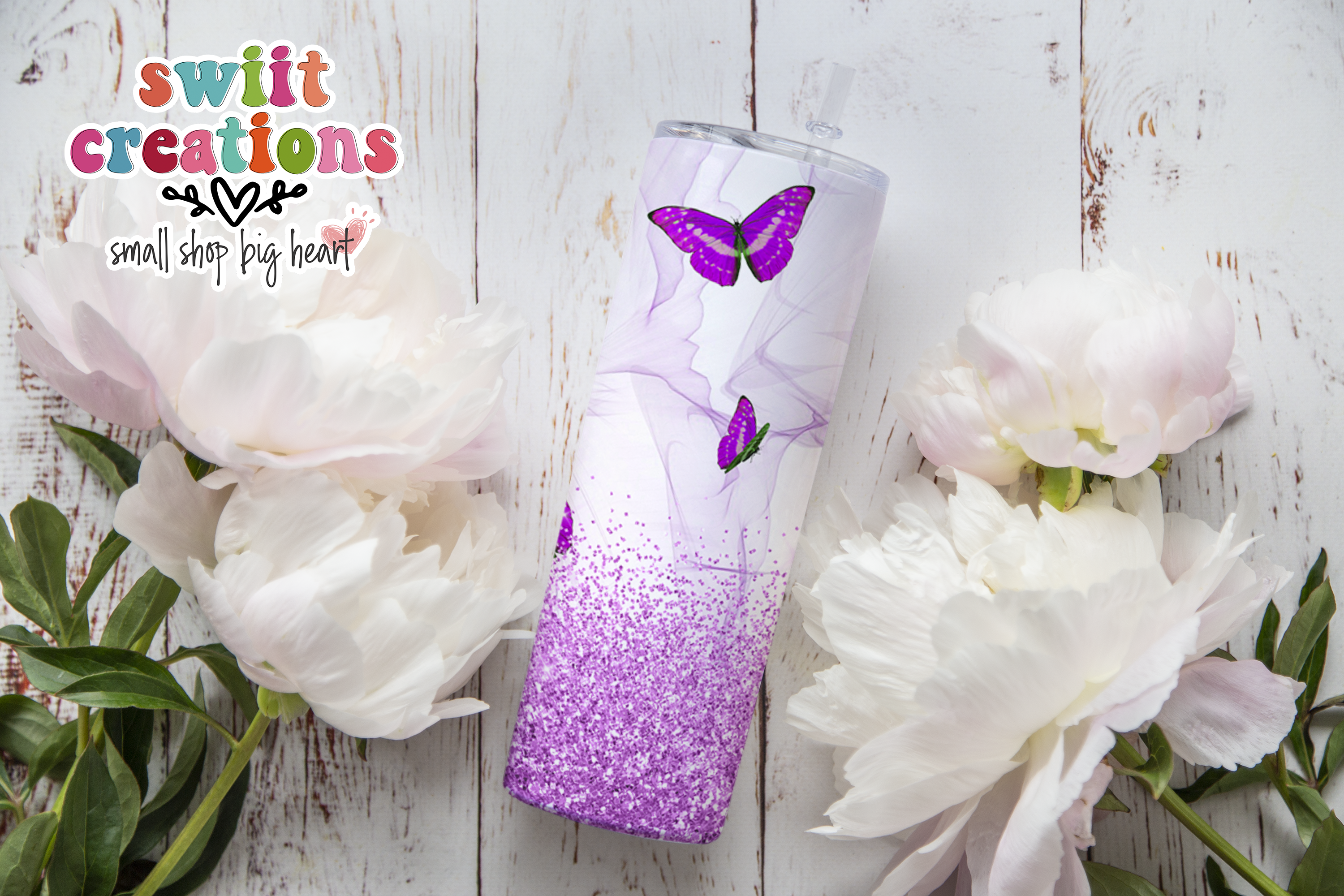 Purple Blue Butterfly Glitter Tumbler (T167)