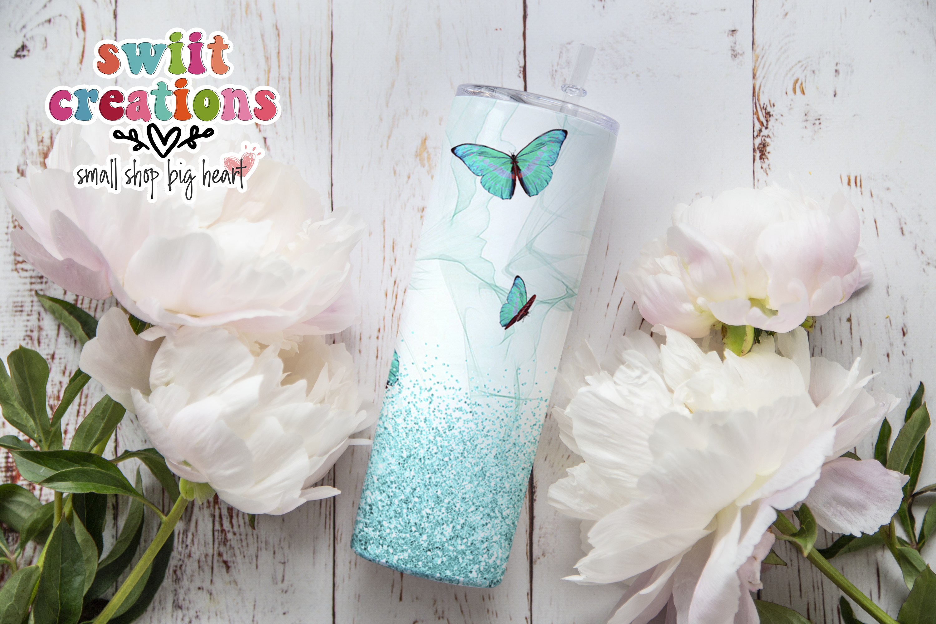 Teal Blue Butterfly Glitter Tumbler (T166)