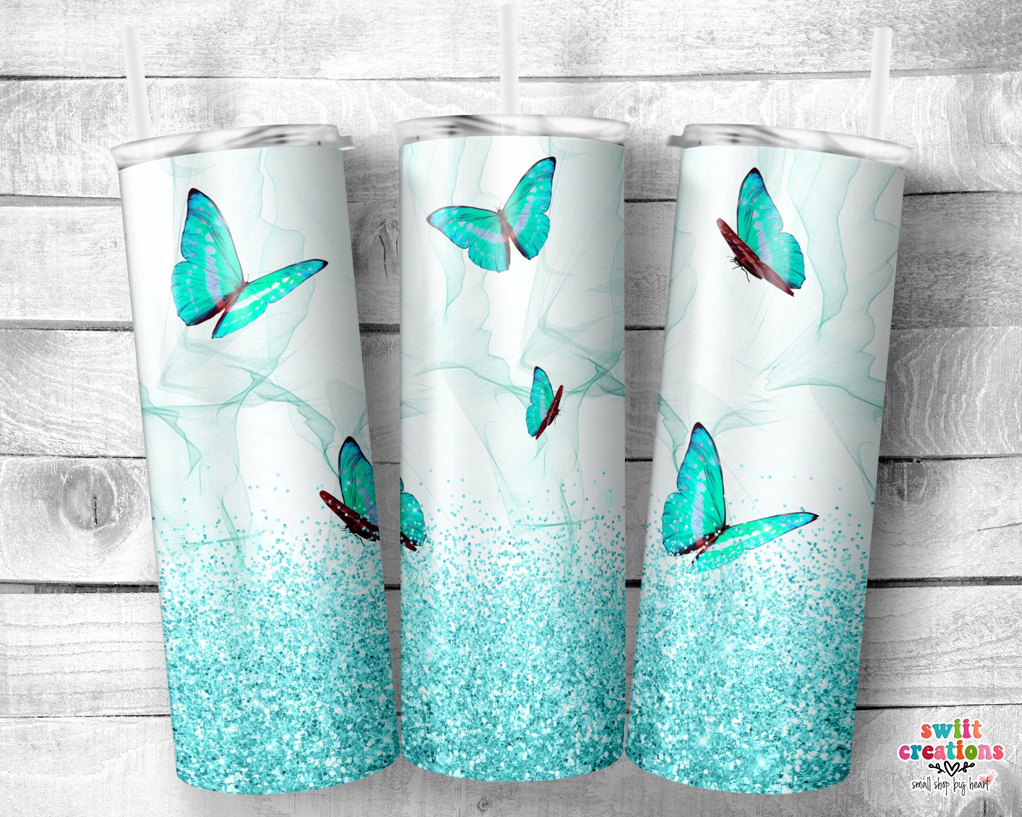 Teal Blue Butterfly Glitter Tumbler (T166)